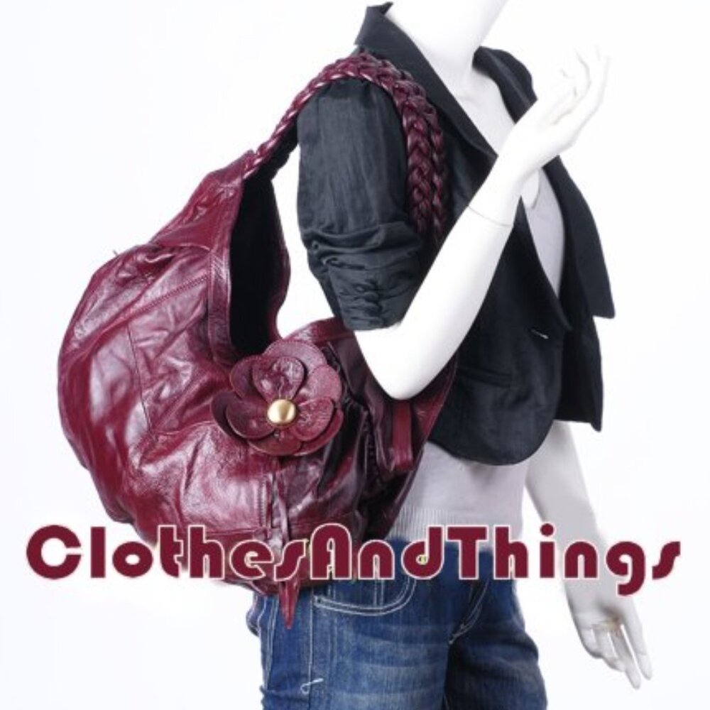 Leather Boho Style Hobo Handbag - Red Wine - NEW